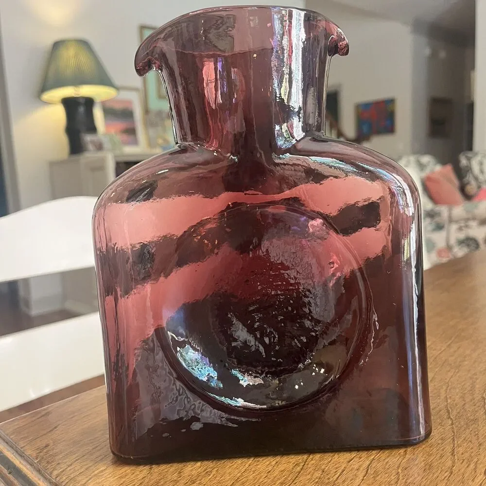 Blenko #384 Amethyst Double Spout Water Bottle Hand Blown MCM Glass 2001 Signed